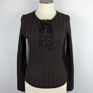 House Of Harlow 1960 Pointelle Rib Knit Sweater Top Lace Up Front Espresso M NWT